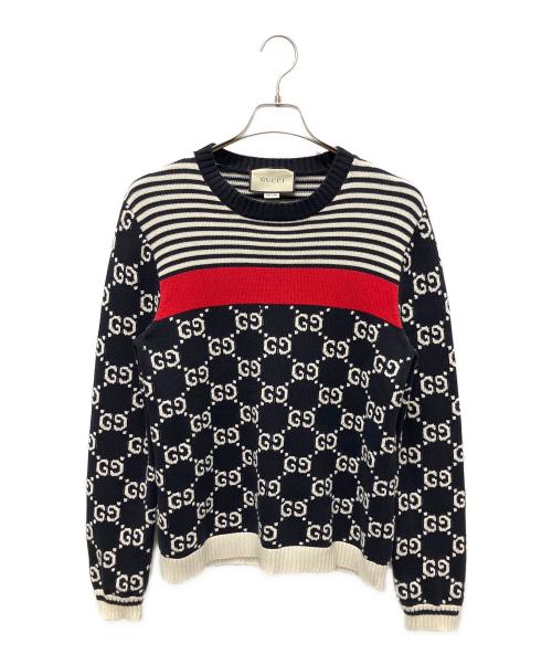 GUCCI（グッチ）GUCCI (グッチ) GGボーダー切替ニット ネイビー サイズ:Sの古着・服飾アイテム