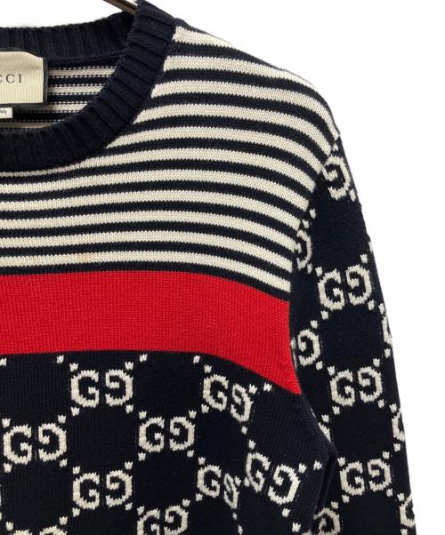 GUCCI（グッチ）GUCCI (グッチ) GGボーダー切替ニット ネイビー サイズ:Sの古着・服飾アイテム