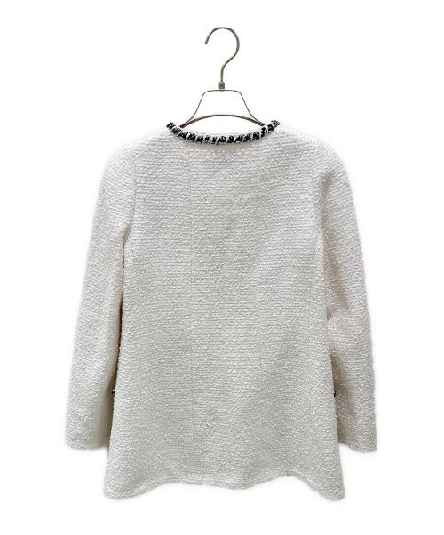 CHANEL（シャネル）CHANEL (シャネル) P72 ライオンボタン／ライオンモチーフボタンノーカラーツイードジャケット ホワイト サイズ:34の古着・服飾アイテム