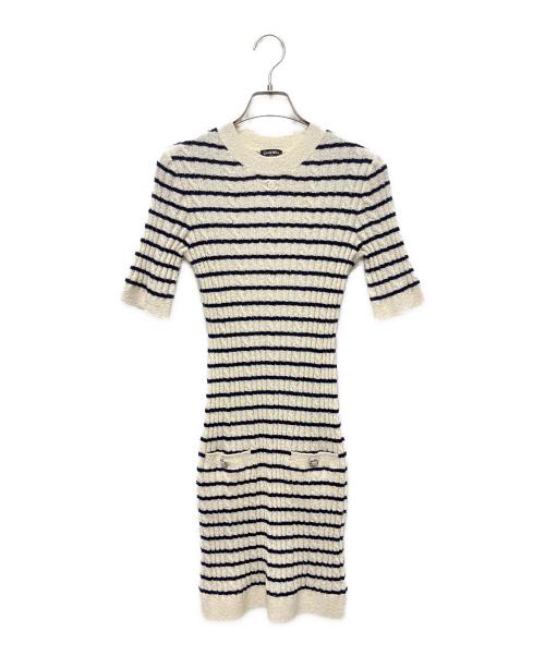 CHANEL（シャネル）CHANEL (シャネル) ココボタンボーダーニットワンピース ネイビー×ホワイト サイズ:34の古着・服飾アイテム