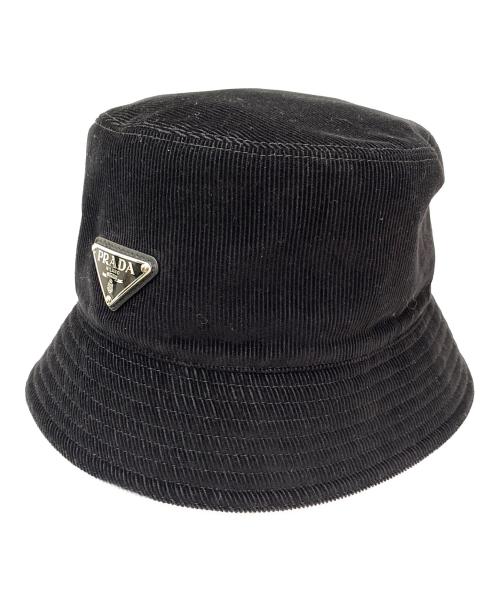 PRADA（プラダ）PRADA (プラダ) コーデュロイロゴプレートキャップ ブラック サイズ:Ⅿの古着・服飾アイテム