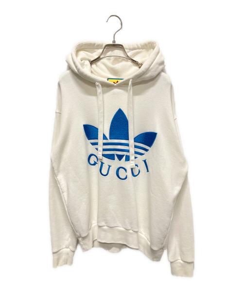 GUCCI（グッチ）GUCCI (グッチ) adidas (アディダス) ×GUCCI アディダス トレフォイル エンブロイダリー プルオーバーフーディ ホワイト×ブルー サイズ:XXSの古着・服飾アイテム