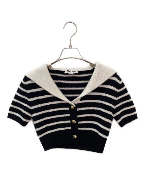 MIU MIU（ミュウミュウ）MIU MIU (ミュウミュウ) インターシャロゴカシミアカーディガン ブラック×ホワイト サイズ:38の古着・服飾アイテム