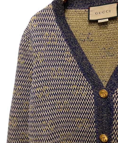 GUCCI（グッチ）GUCCI (グッチ) GGジャガードラメカーディガン ゴールド×ネイビー サイズ:XSの古着・服飾アイテム