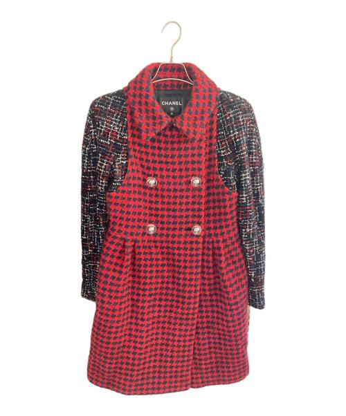 CHANEL（シャネル）CHANEL (シャネル) ココボタン切替ツイードコート レッド×ブラック サイズ:38の古着・服飾アイテム