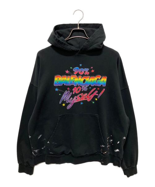BALENCIAGA（バレンシアガ）BALENCIAGA (バレンシアガ) 22AW ペイント ダメージ 加工 グラフィック ロゴ プルオーバー スウェット パーカー/BALENCIAGAロゴ フロントレインボー マルチカラーペンキ加工 パーカー ブラック サイズ:Lの古着・服飾アイテム