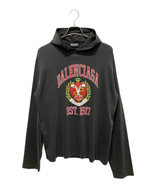 BALENCIAGA（バレンシアガ）BALENCIAGA (バレンシアガ) ユーズド加工カレッジロゴプリントパーカー ダークグレー サイズ:2の古着・服飾アイテム