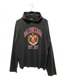 BALENCIAGA（バレンシアガ）の古着「ユーズド加工カレッジロゴプリントパーカー」｜ダークグレー