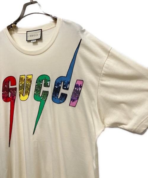 GUCCI（グッチ）GUCCI (グッチ) Blade Sequin Logo T-ShirtスパンコールブレードロゴTシャツ アイボリー サイズ:Mの古着・服飾アイテム
