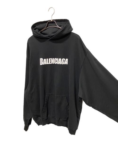 BALENCIAGA（バレンシアガ）BALENCIAGA (バレンシアガ) Destroyed Logo-Print Hoodie/デストロイ加工ロゴパーカー ブラック サイズ:Mの古着・服飾アイテム
