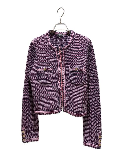 CHANEL（シャネル）CHANEL (シャネル) ココボタンノーカラーニットジャケット ピンク×ネイビー サイズ:38の古着・服飾アイテム