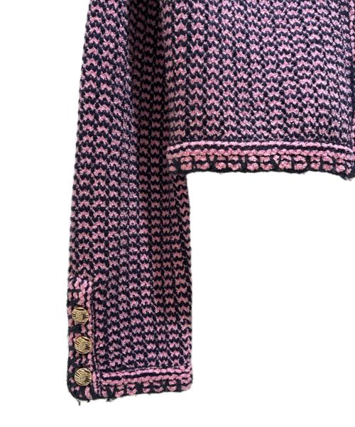 CHANEL（シャネル）CHANEL (シャネル) ココボタンノーカラーニットジャケット ピンク×ネイビー サイズ:38の古着・服飾アイテム
