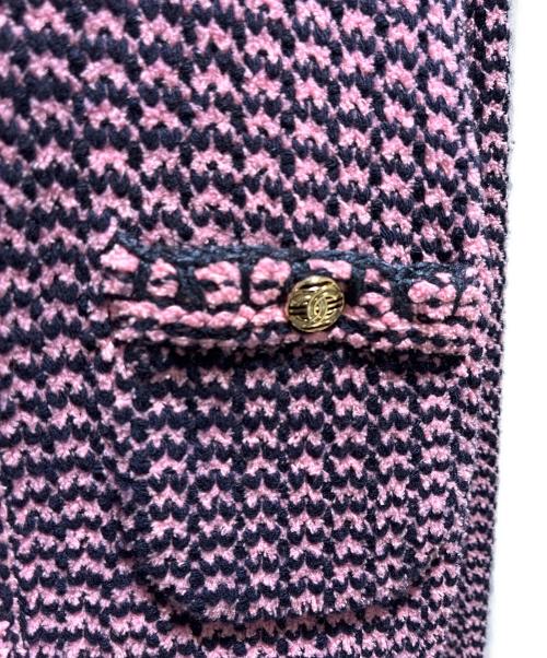 CHANEL（シャネル）CHANEL (シャネル) ココボタンノーカラーニットジャケット ピンク×ネイビー サイズ:38の古着・服飾アイテム