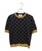 GUCCIグッチ）の古着「GGコットンラメ ファブリック トップス/GGジャガード半袖ニット」｜ブラック