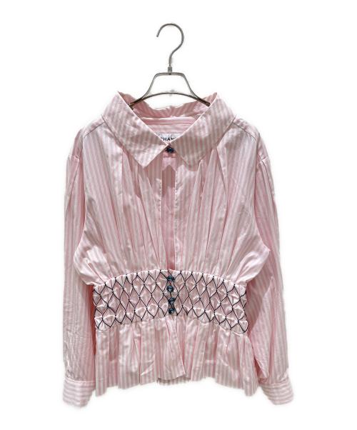 CHANEL（シャネル）CHANEL (シャネル) ココボタンギャザーシャツ ピンク×ホワイト サイズ:36の古着・服飾アイテム