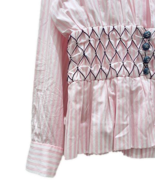 CHANEL（シャネル）CHANEL (シャネル) ココボタンギャザーシャツ ピンク×ホワイト サイズ:36の古着・服飾アイテム