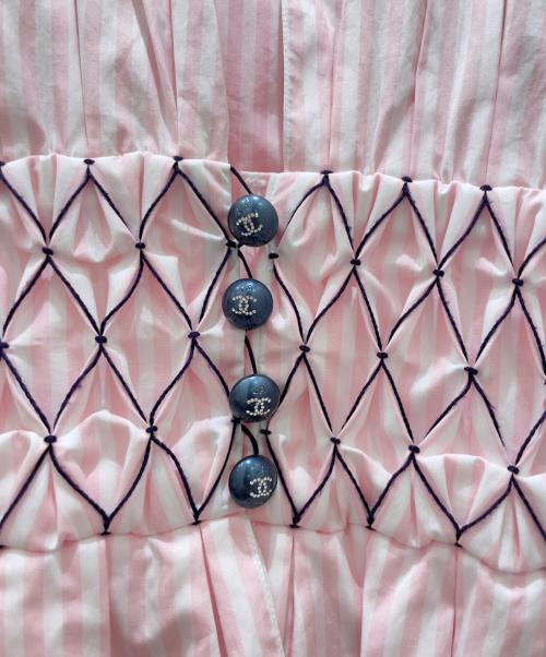 CHANEL（シャネル）CHANEL (シャネル) ココボタンギャザーシャツ ピンク×ホワイト サイズ:36の古着・服飾アイテム
