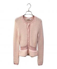 Christian Dior（クリスチャン ディオール）の古着「ノーカラーニットカーディガン・ローゲージニットカーディガン」｜ピンク×ホワイト