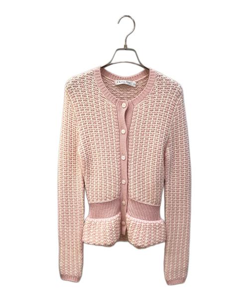 Christian Dior（クリスチャン ディオール）Christian Dior (クリスチャン ディオール) ノーカラーニットカーディガン・ローゲージニットカーディガン ピンク×ホワイト サイズ:40の古着・服飾アイテム