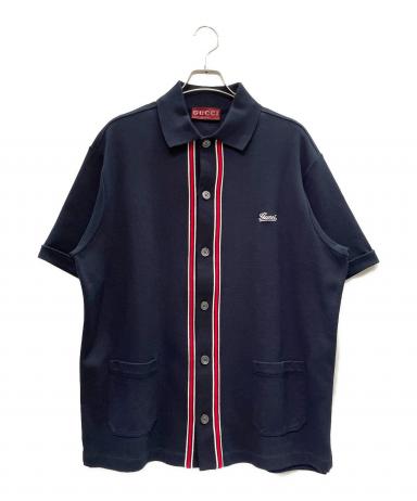 GUCCI - 古着 GUCCI グッチ イタリア製 半袖 ポロシャツ L 濃紺 鹿の子 レディース 中古・古着通販】GUCCI (グッチ) ロゴ鹿の子 半袖シャツ ネイビー