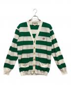 GUCCIグッチ）の古着「Striped cotton V-neck cardigan/ボーダーVネックニットカーディガン」｜ホワイト×グリーン