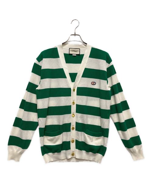 GUCCI（グッチ）GUCCI (グッチ) Striped cotton V-neck cardigan/ボーダーVネックニットカーディガン ホワイト×グリーン サイズ:Mの古着・服飾アイテム