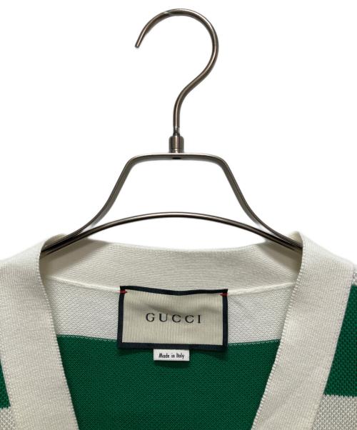 GUCCI（グッチ）GUCCI (グッチ) Striped cotton V-neck cardigan/ボーダーVネックニットカーディガン ホワイト×グリーン サイズ:Mの古着・服飾アイテム