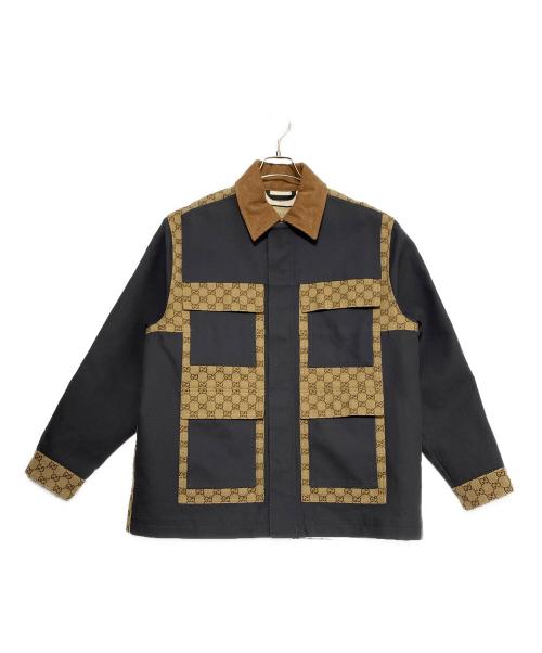 GUCCI（グッチ）GUCCI (グッチ) Cotton Canvas and GG Supreme Jacket 'Dark Grey' ベージュ×ネイビー サイズ:48の古着・服飾アイテム
