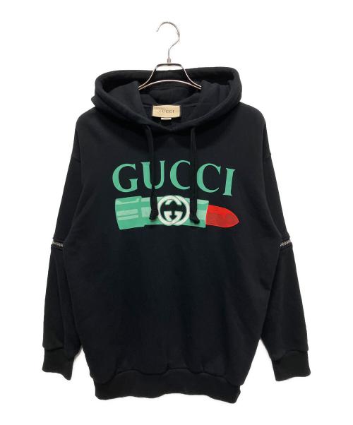 GUCCI（グッチ）GUCCI (グッチ) Gucci Printed hoodie/ジップスリーブロゴパーカー ブラック サイズ:Sの古着・服飾アイテム