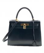 HERMESエルメス）の古着「ケリー28 外縫い/ボックスカーフ/ネイビー/ゴールド金具/〇X:1994年製」｜ネイビー系