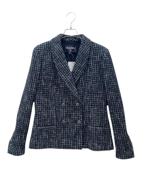 CHANEL（シャネル）CHANEL (シャネル) P73 ココボタンツイードダブルジャケット ブルー×ブラック サイズ:36の古着・服飾アイテム