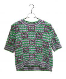 GUCCI（グッチ）の古着「Gucci Maxi GG Cotton Sweater Green And Purple マキシGGジャガード半袖ニット 695796 XKCAL」｜黄緑×パープル