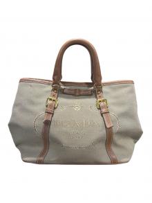 PRADA（プラダ）の古着「ロゴジャガードリボンハンドバッグ」｜ベージュ×ブラウン