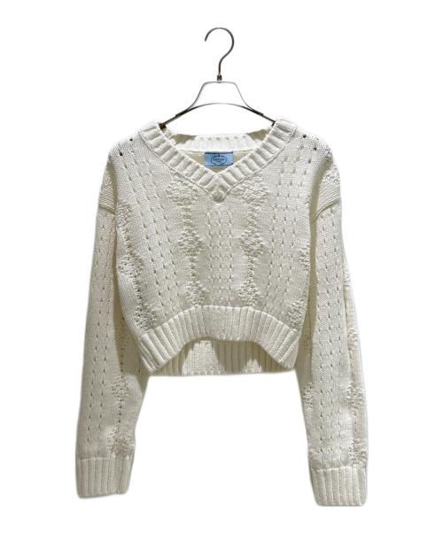 PRADA（プラダ）PRADA (プラダ) トライアングルロゴVネックケーブルニット P24R1I S221 11GB ホワイト サイズ:42の古着・服飾アイテム