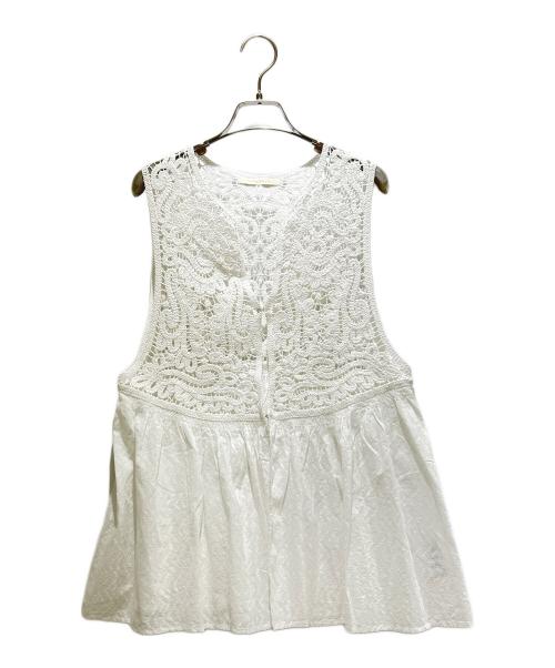 ne quittez pas（ヌキテパ）ne quittez pas (ヌキテパ) Cotton Jacquard Lace Yoke Top スリーブ レース ペプラム ジレ/010252WJ1 ホワイト サイズ:FREEの古着・服飾アイテム