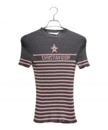 Christian Dior（クリスチャン ディオール）の古着「Dioriviera Logo Star Short Sleeve Knit Sweater/ディオリビエラ ロゴ スター 半袖ニット/254S15AM730」｜グレー×ピンク