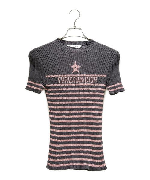 Christian Dior（クリスチャン ディオール）Christian Dior Dioriviera Logo Star Short Sleeve Knit Sweater/ディオリビエラ ロゴ スター 半袖ニット/254S15AM730 グレー×ピンク サイズ:38の古着・服飾アイテム