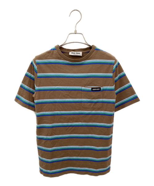 MIU MIU（ミュウミュウ）MIU MIU (ミュウミュウ) ボーダーポケットTシャツ ブラウン×ブルー サイズ:XSの古着・服飾アイテム