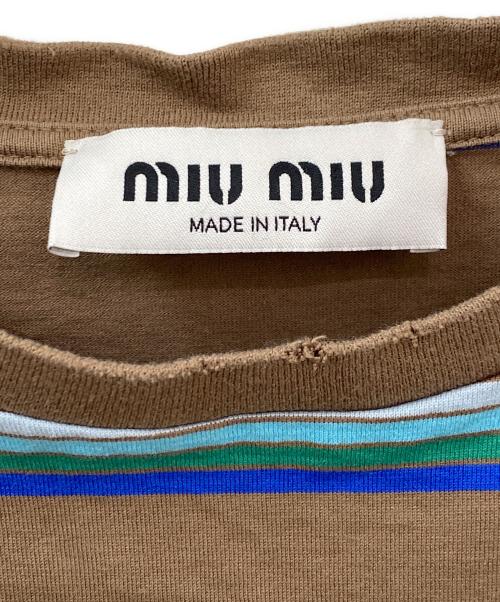 MIU MIU（ミュウミュウ）MIU MIU (ミュウミュウ) ボーダーポケットTシャツ ブラウン×ブルー サイズ:XSの古着・服飾アイテム
