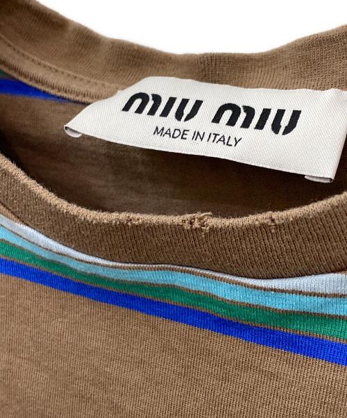 MIU MIU（ミュウミュウ）MIU MIU (ミュウミュウ) ボーダーポケットTシャツ ブラウン×ブルー サイズ:XSの古着・服飾アイテム