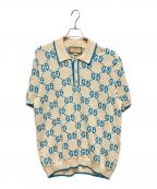 GUCCIグッチ）の古着「GUCCI GG Logo Knit Polo Shirt/GGロゴ ニットポロシャツ/741962 XKC6B」｜アイボリー×スカイブルー