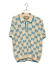 GUCCI（グッチ）の古着「GUCCI GG Logo Knit Polo Shirt/GGロゴ ニットポロシャツ/741962 XKC6B」｜アイボリー×スカイブルー