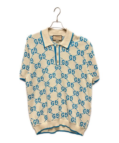 GUCCI（グッチ）GUCCI (グッチ) GUCCI GG Logo Knit Polo Shirt/GGロゴ ニットポロシャツ/741962 XKC6B アイボリー×スカイブルー サイズ:XXLの古着・服飾アイテム