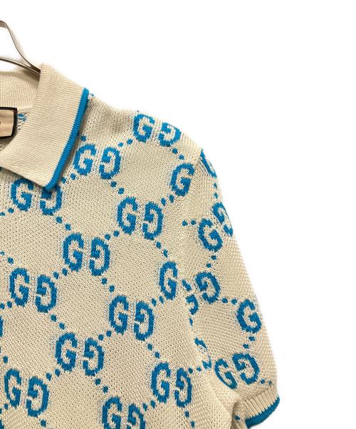 GUCCI（グッチ）GUCCI (グッチ) GUCCI GG Logo Knit Polo Shirt/GGロゴ ニットポロシャツ/741962 XKC6B アイボリー×スカイブルー サイズ:XXLの古着・服飾アイテム