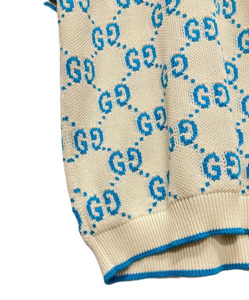 GUCCI（グッチ）GUCCI (グッチ) GUCCI GG Logo Knit Polo Shirt/GGロゴ ニットポロシャツ/741962 XKC6B アイボリー×スカイブルー サイズ:XXLの古着・服飾アイテム