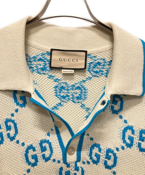 GUCCI（グッチ）GUCCI (グッチ) GUCCI GG Logo Knit Polo Shirt/GGロゴ ニットポロシャツ/741962 XKC6B アイボリー×スカイブルー サイズ:XXLの古着・服飾アイテム