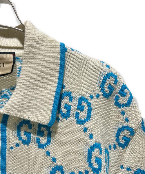 GUCCI（グッチ）GUCCI (グッチ) GUCCI GG Logo Knit Polo Shirt/GGロゴ ニットポロシャツ/741962 XKC6B アイボリー×スカイブルー サイズ:XXLの古着・服飾アイテム