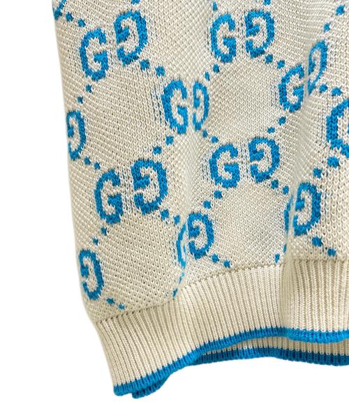 GUCCI（グッチ）GUCCI (グッチ) GUCCI GG Logo Knit Polo Shirt/GGロゴ ニットポロシャツ/741962 XKC6B アイボリー×スカイブルー サイズ:XXLの古着・服飾アイテム