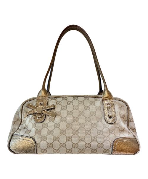 GUCCI（グッチ）GUCCI (グッチ) プリンシーミニボストンバッグ ベージュ×ゴールドの古着・服飾アイテム