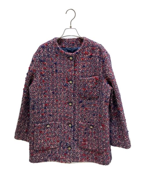 GUCCI（グッチ）GUCCI (グッチ) ノーカラーツイードジャケット レッド×ブルー サイズ:38の古着・服飾アイテム